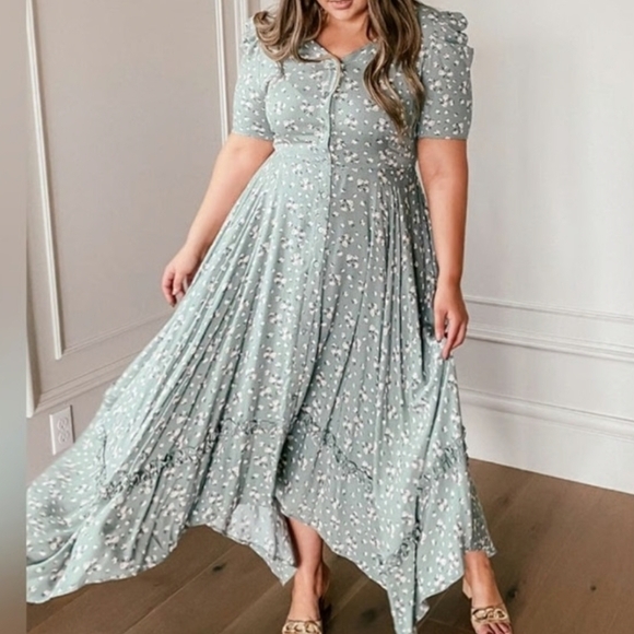 JessaKae Dresses & Skirts - JessaKae Asymmetrical Green Sage Fairfax Floral Dress Medium Fairy Cottage